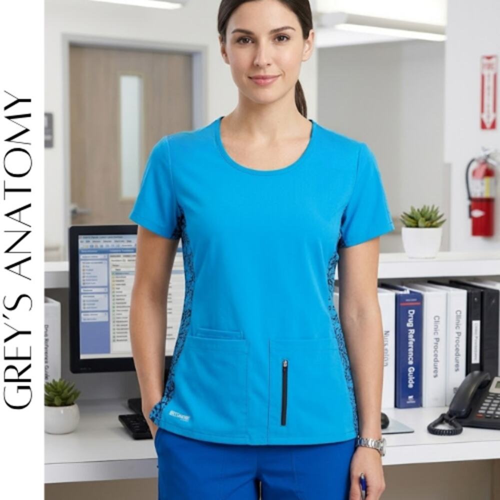 Grey’s Anatomy Active Blue/Black Print Scrub Top XS | Athleisure Workwear